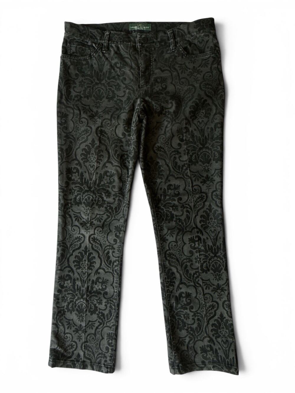 LRL Ralph Lauren Jeans Black Floral Damask Print Stretch Modern Straight Size 12